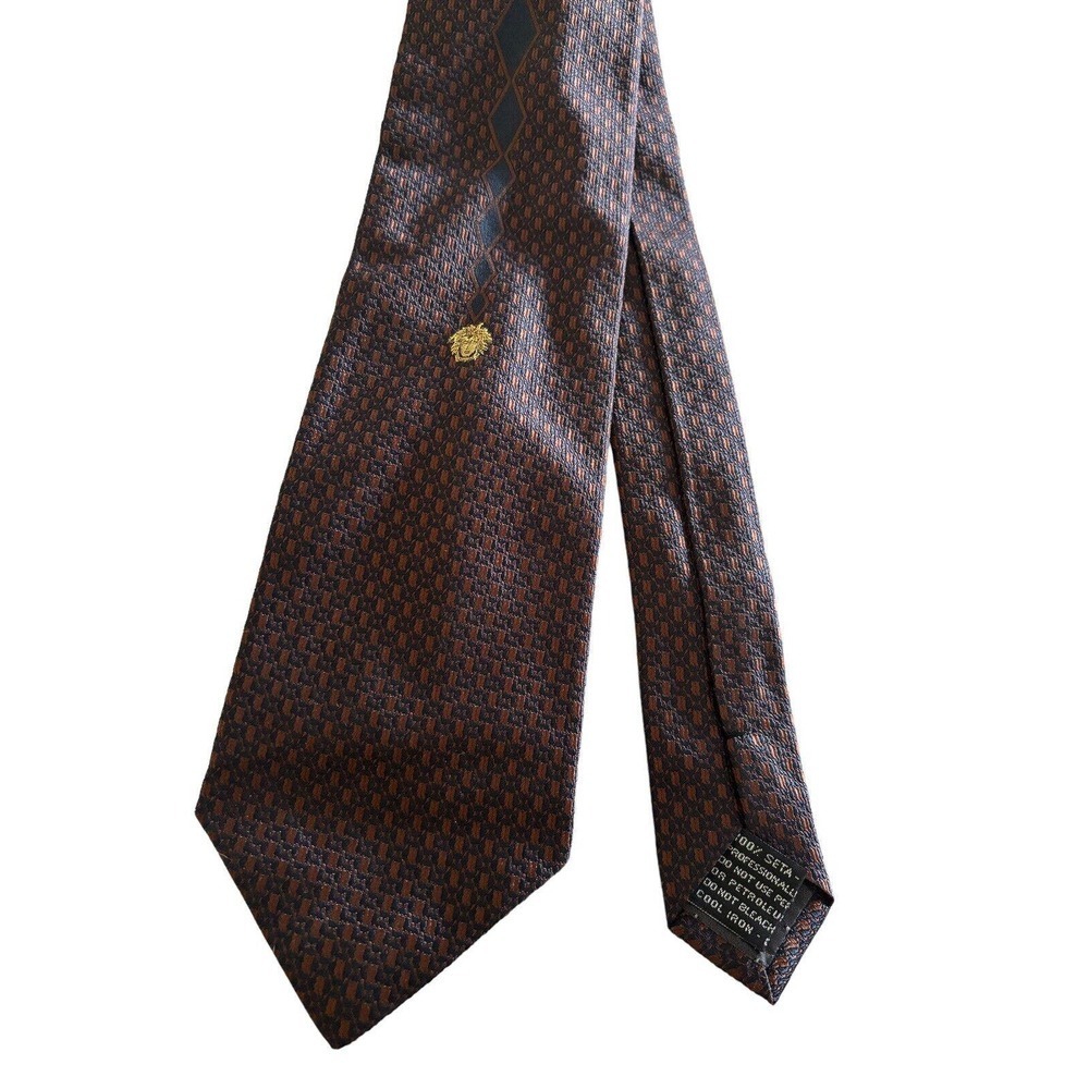 GIANNI VERSACE Blue Diamond Gold Monogrammed Medusa Italy Silk Tie W: 3.75"